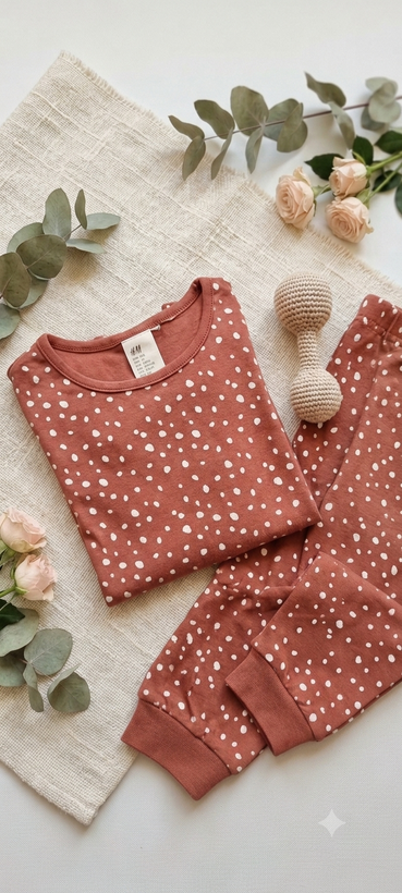 ست بلوز آستین بلند و شلوار راحتی دخترانه برند اچ اند ام h&m طرح توپ توپی رنگ نارنجی قهوه ای(قواره کوچک)